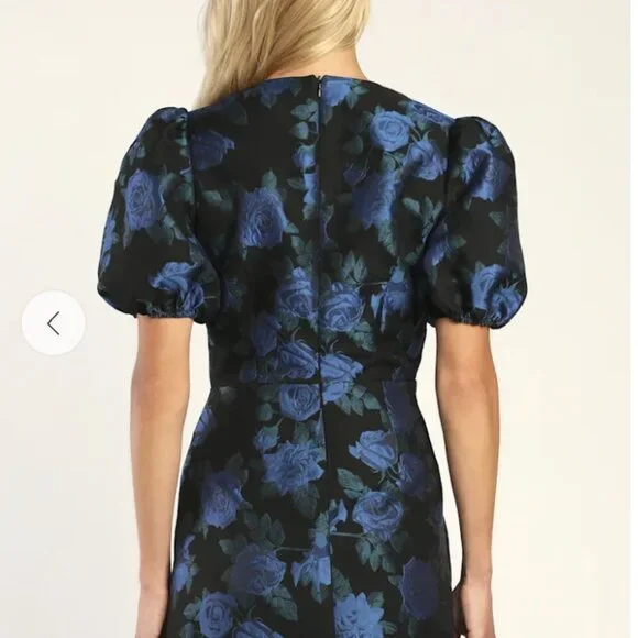Lulus Whimsical Sweetheart Black Floral Jacquard Puff Sleeve Dress - Size S - Picture 4 of 6